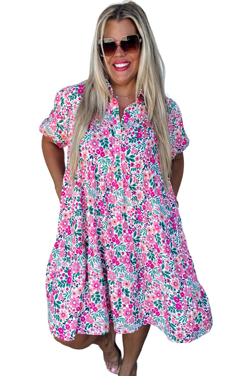 Pink Plus Size Floral Half Button Short Puff Sleeve A-line Dress